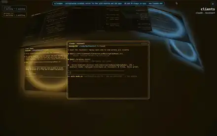 The camera circling Lunamux's 3D world to show all the live terminal
                      windows arranged around it