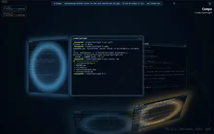 The camera panning between live terminal windows in Lunamux's 3D world,
                      then switching to another tab