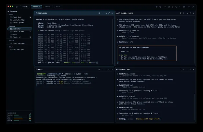 Lunamux's flat layout view with several terminal windows tiled side by side