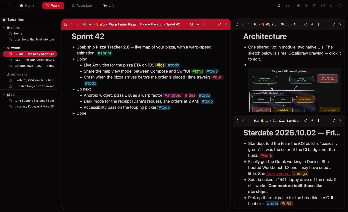 Lunarbor with three windows side by side: a sprint as nested bullets with
                    coloured tags, an architecture note with a hand-drawn Excalidraw diagram,
                    and a diary entry